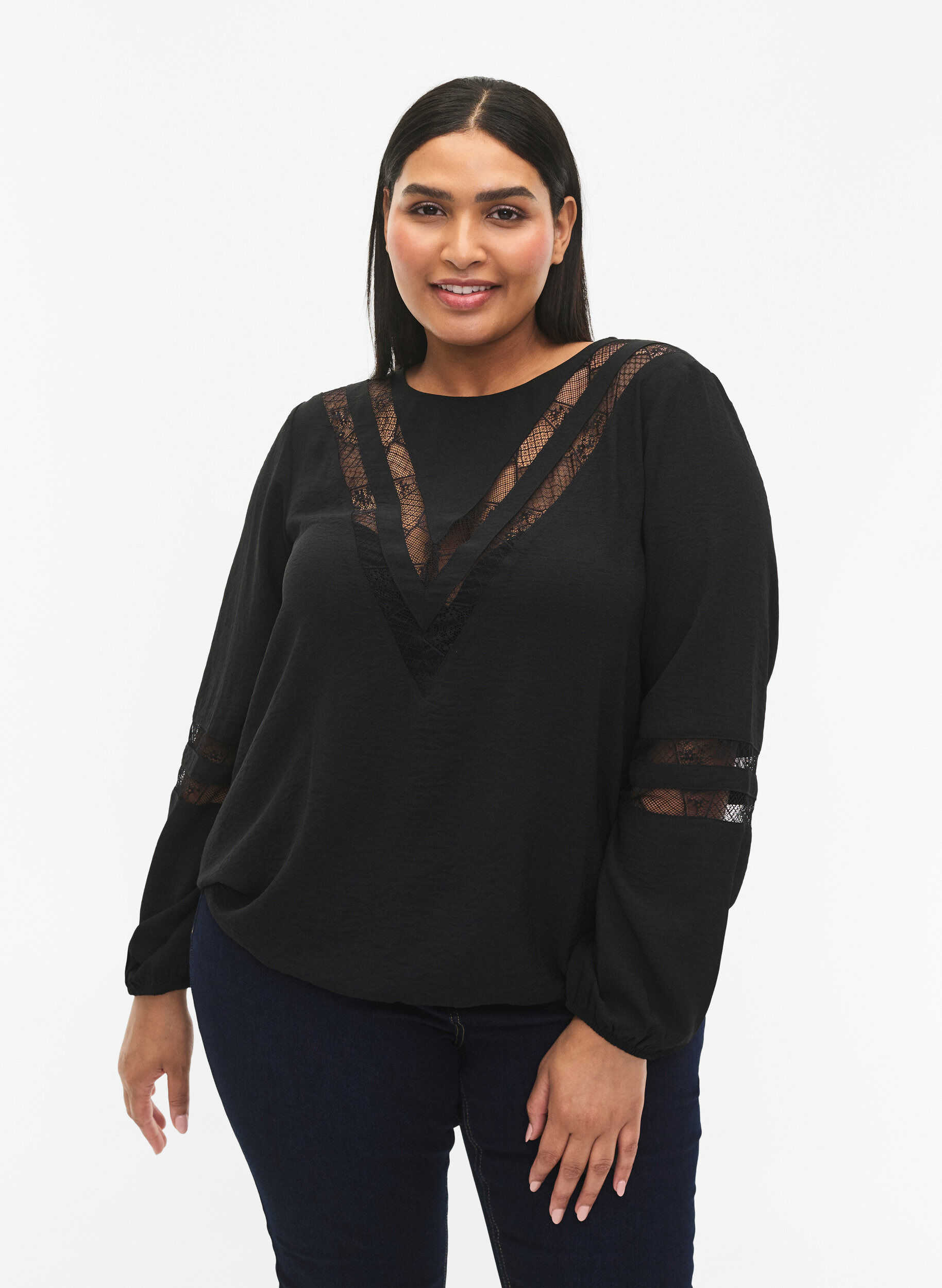 ZizziBlouse met lange mouwen en kant, Black, Model image number 0