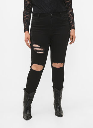 Strakke jeans met slijtagedetails, Black, Model image number 2