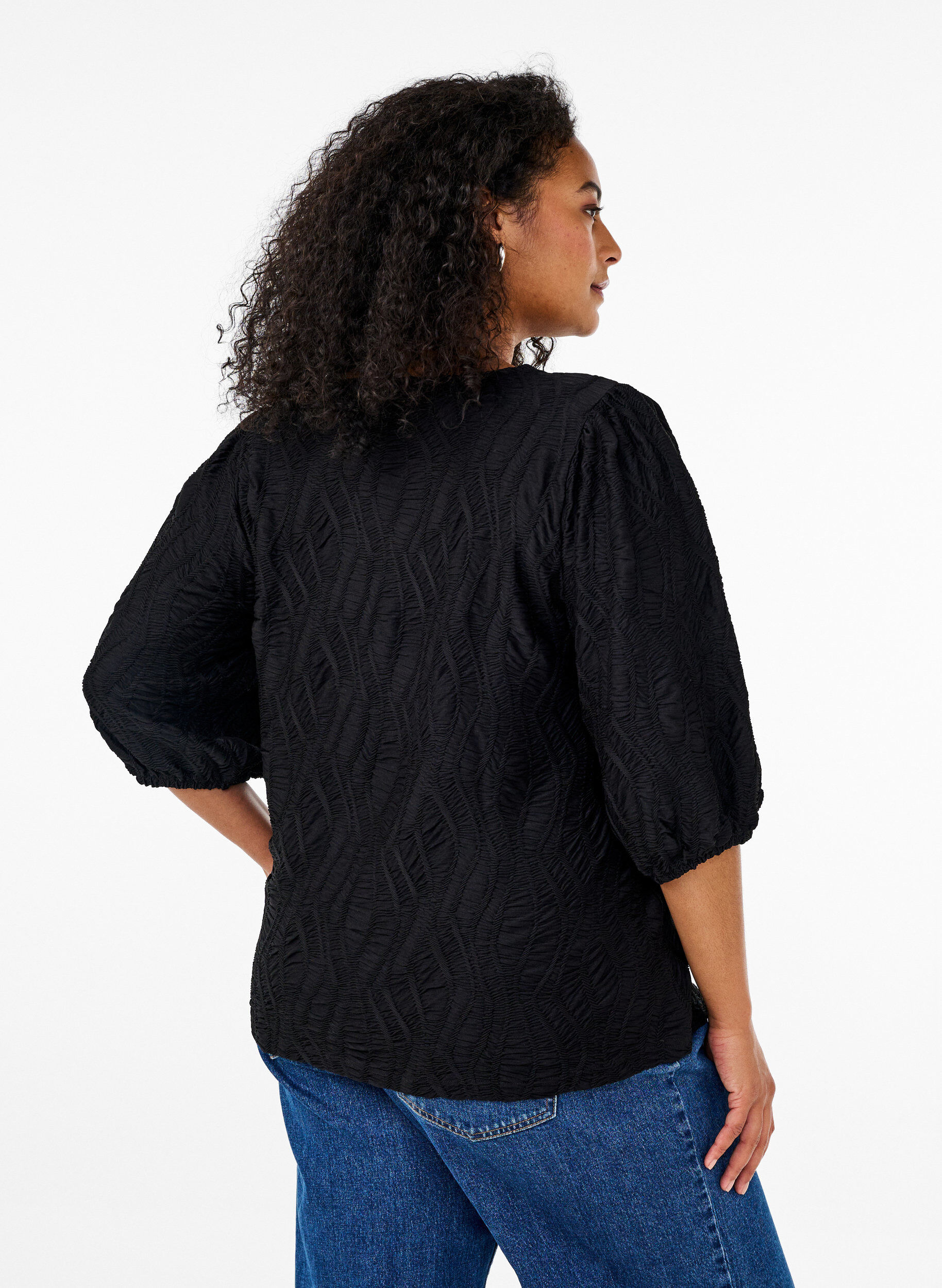 ZizziBlouse met textuur en 3/4 mouwen, Zwart, Model image number 2