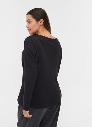 Katoenen blouse met geribde v-hals en kreukeleffect, Black, Model image number 1