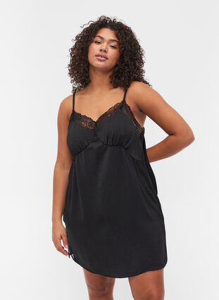 Pyjama jurk met kant en split, Black, Model image number 0