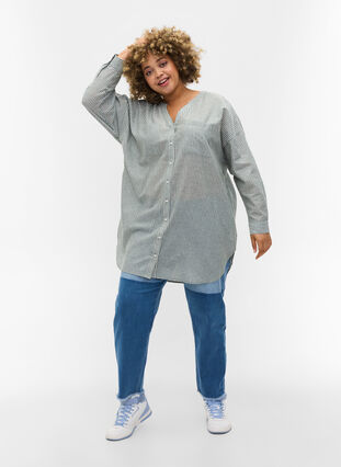Gestreepte blouse in 100% katoen, Cilantro Stripe , Model image number 2