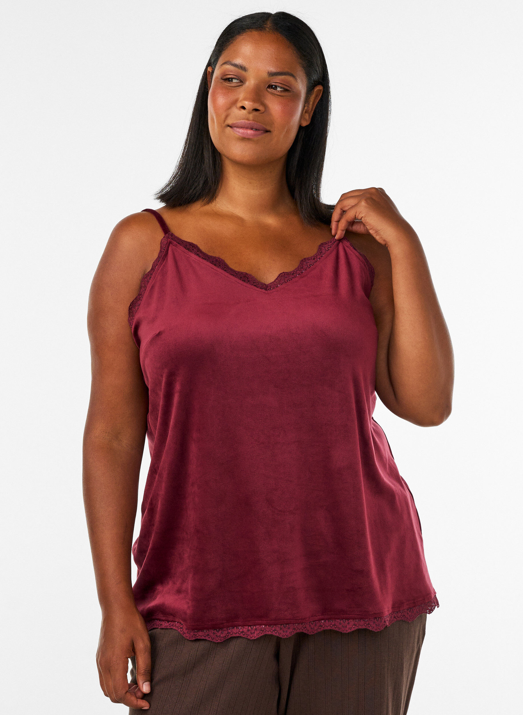 Top en velours avec bordure en dentelle, Bordeaux, Model