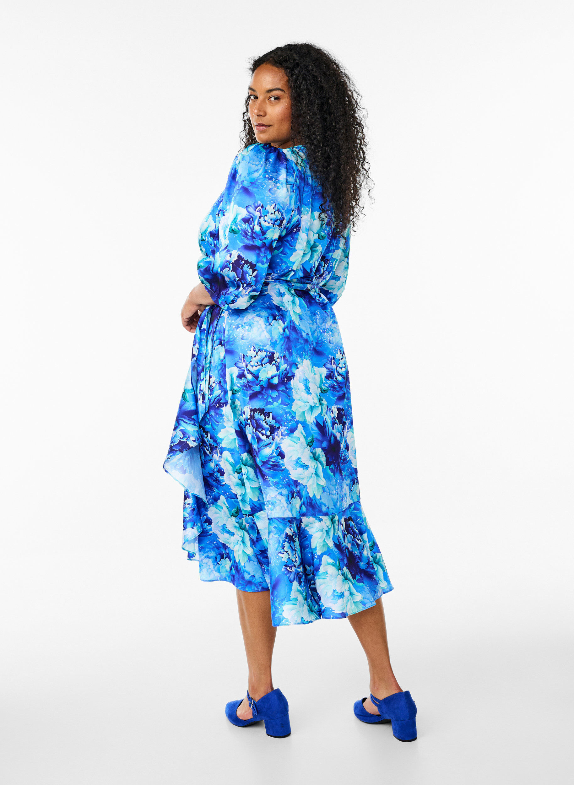 ZizziOmslagjurk met bloemenprint met 3/4 mouwen, Blauw, Model image number 2