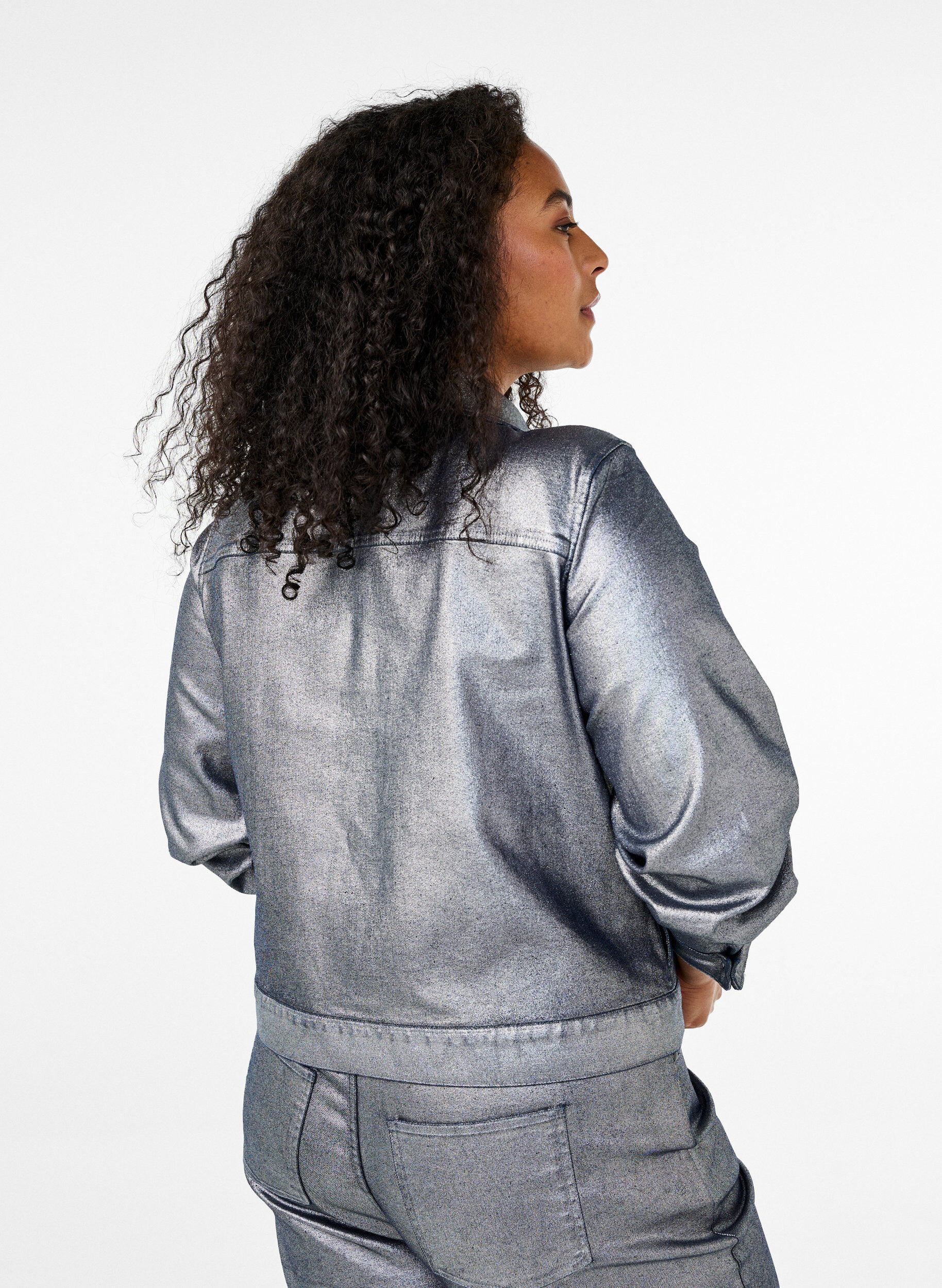ZizziZilvergelaagde denimjack, Gun Silver, Model image number 1