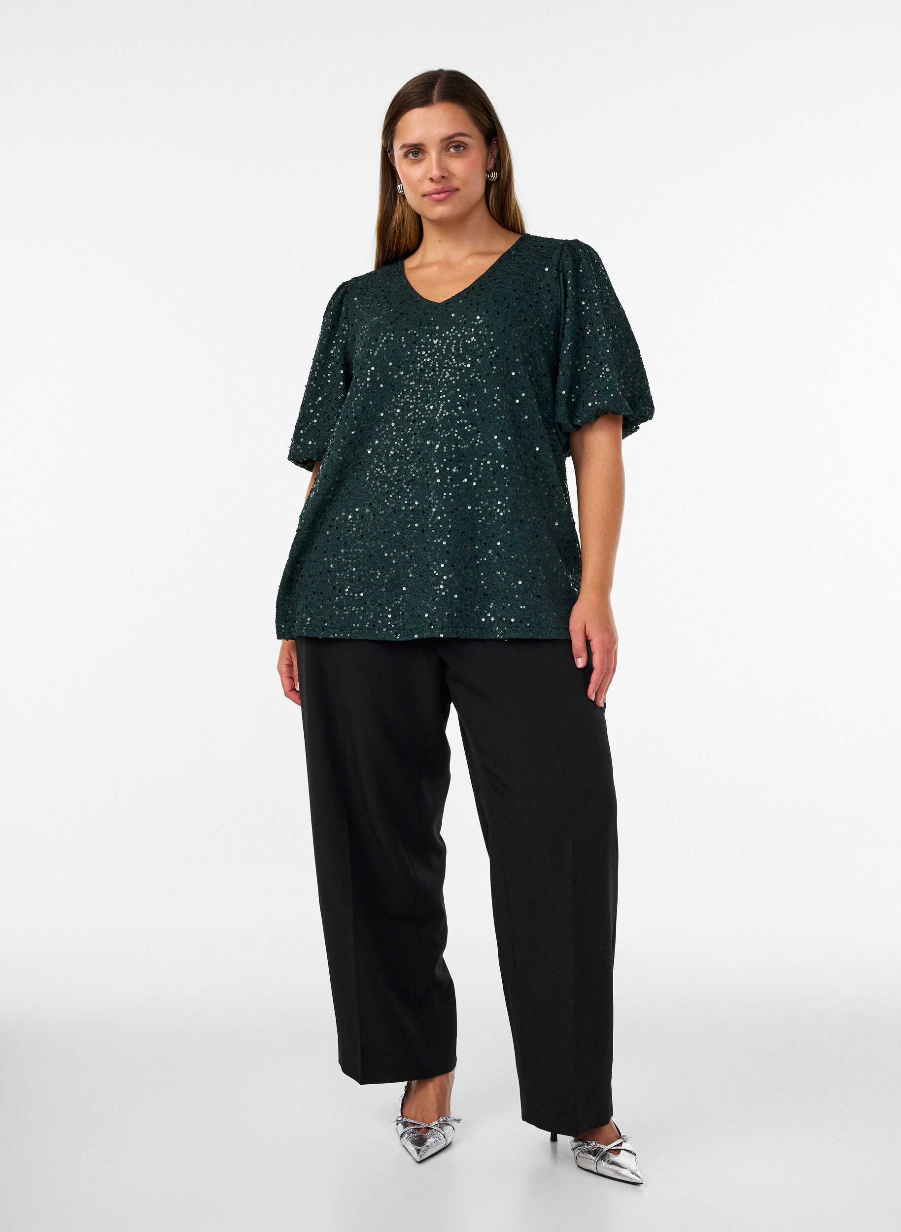 ZizziBlouse &agrave; sequins avec manches ballon, Vert fonc&eacute;, Model image number 1