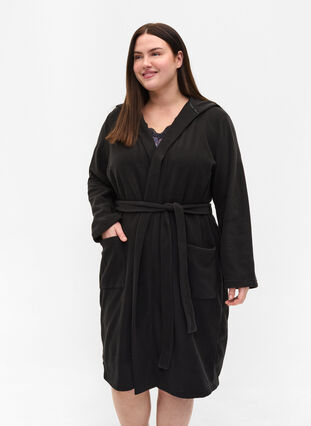 Robe de chambre avec capuche et poches, Black, Model image number 0
