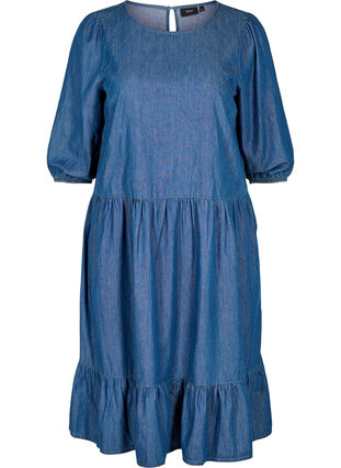 Robe en jean en coton à manches 3/4, Blue, Packshot image number 0