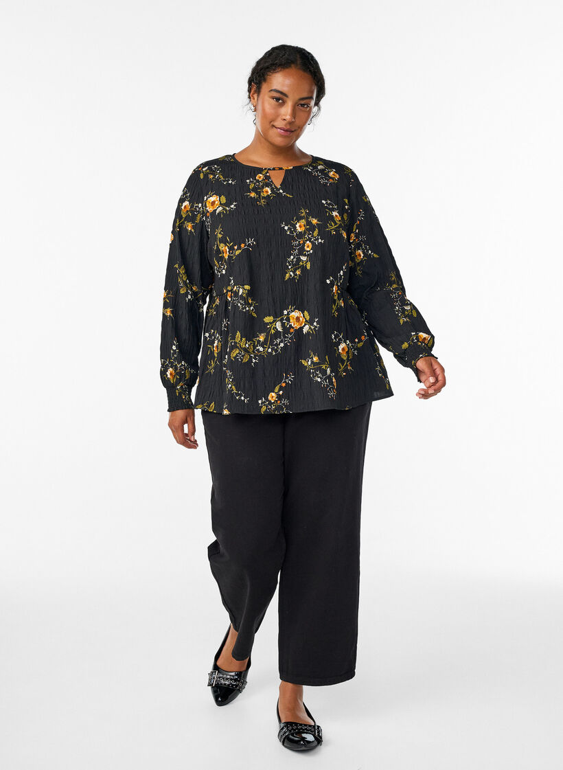 Blouse met lange mouwen en bloemenprint, Zwart, Model image number 1