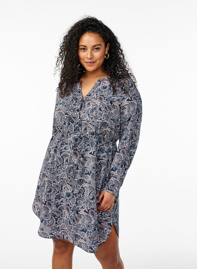 Knielange jurk met strikceintuur, Beige, Model image number 0