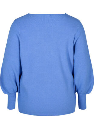 Pull en tricot à col en V et manches ballon, Ultramarine Mel, Packshot image number 1