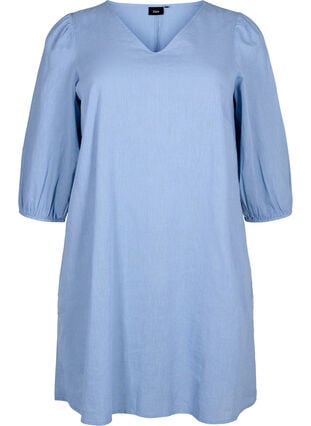 Robe courte en coton et lin mélangés, Faded Denim, Packshot image number 0