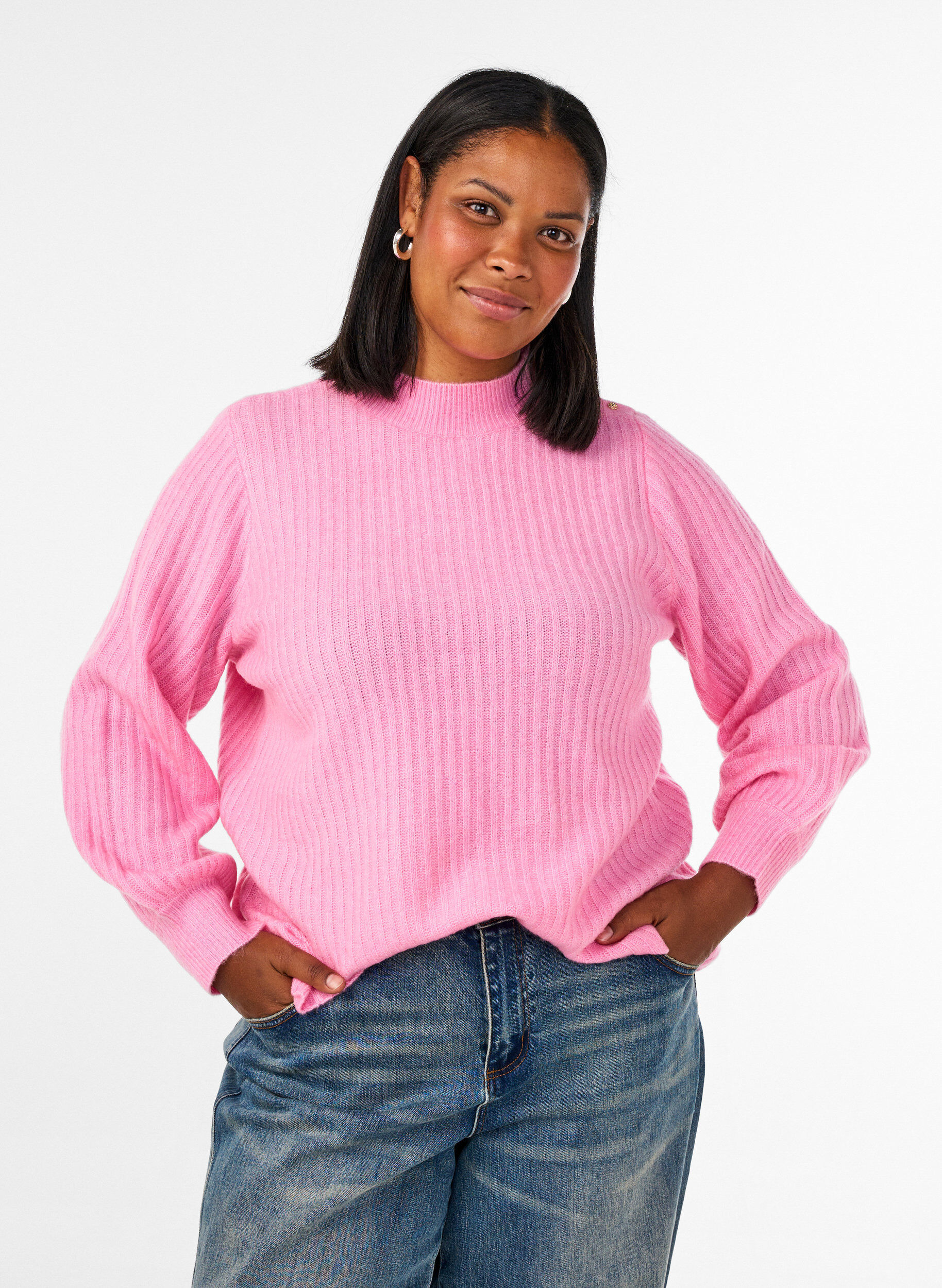ZizziPull c&ocirc;tel&eacute; &agrave; manches bouffantes et boutons, Rose, Model image number 0