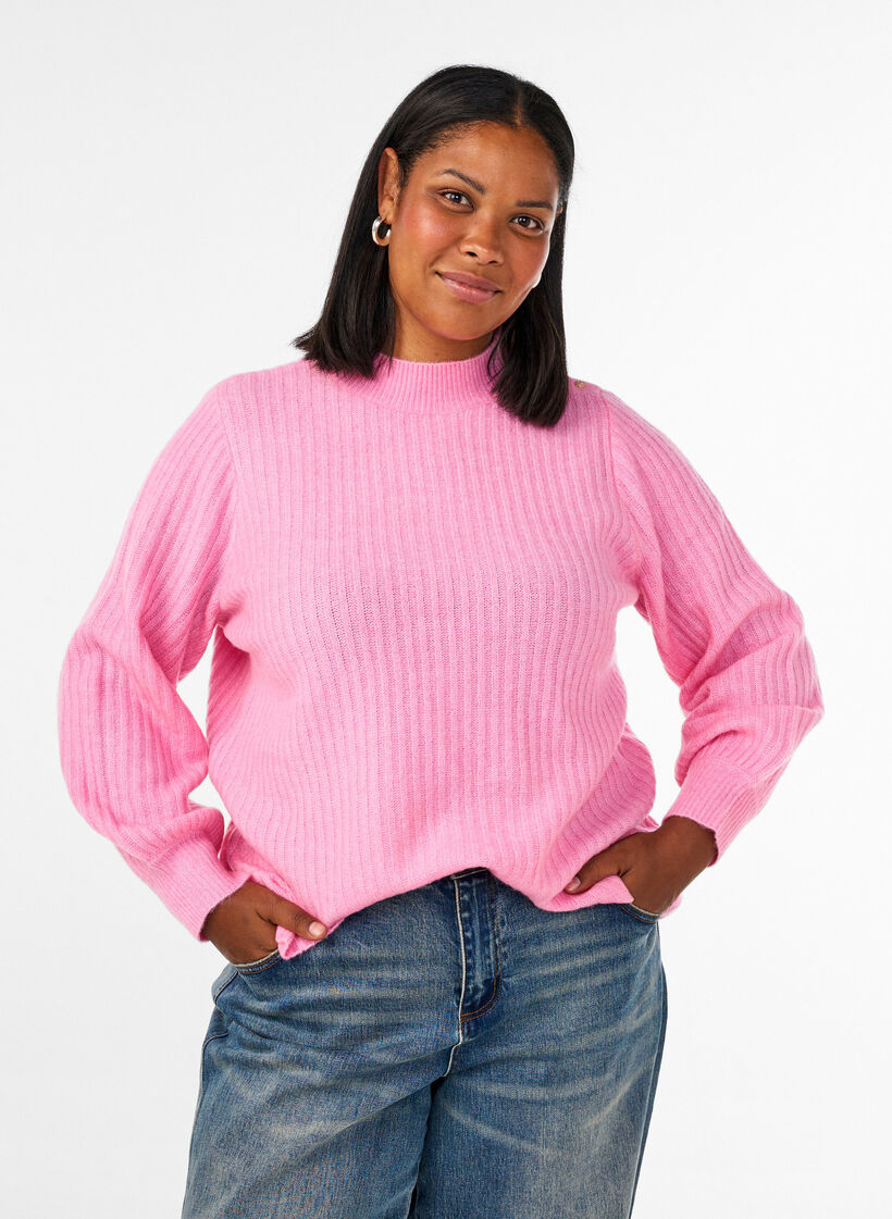 Pull c&ocirc;tel&eacute; &agrave; manches bouffantes et boutons, Rose, Model image number 0