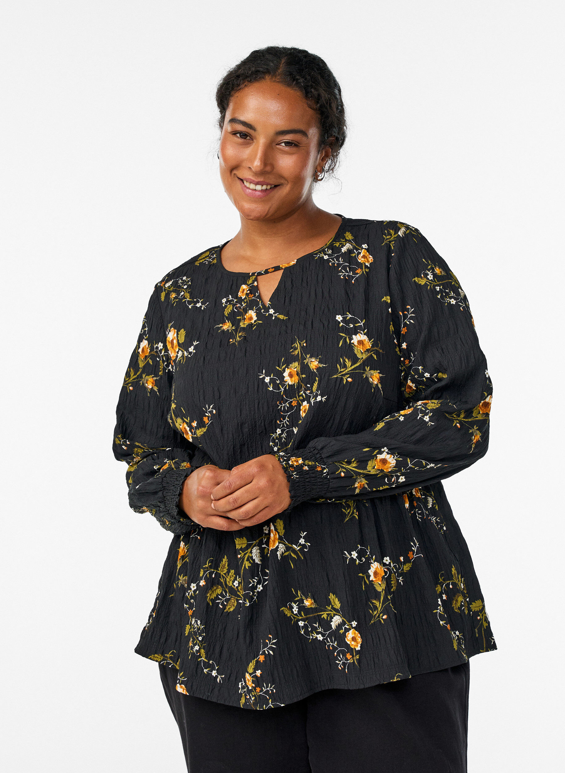 ZizziBlouse met lange mouwen en bloemenprint, Zwart, Model image number 0