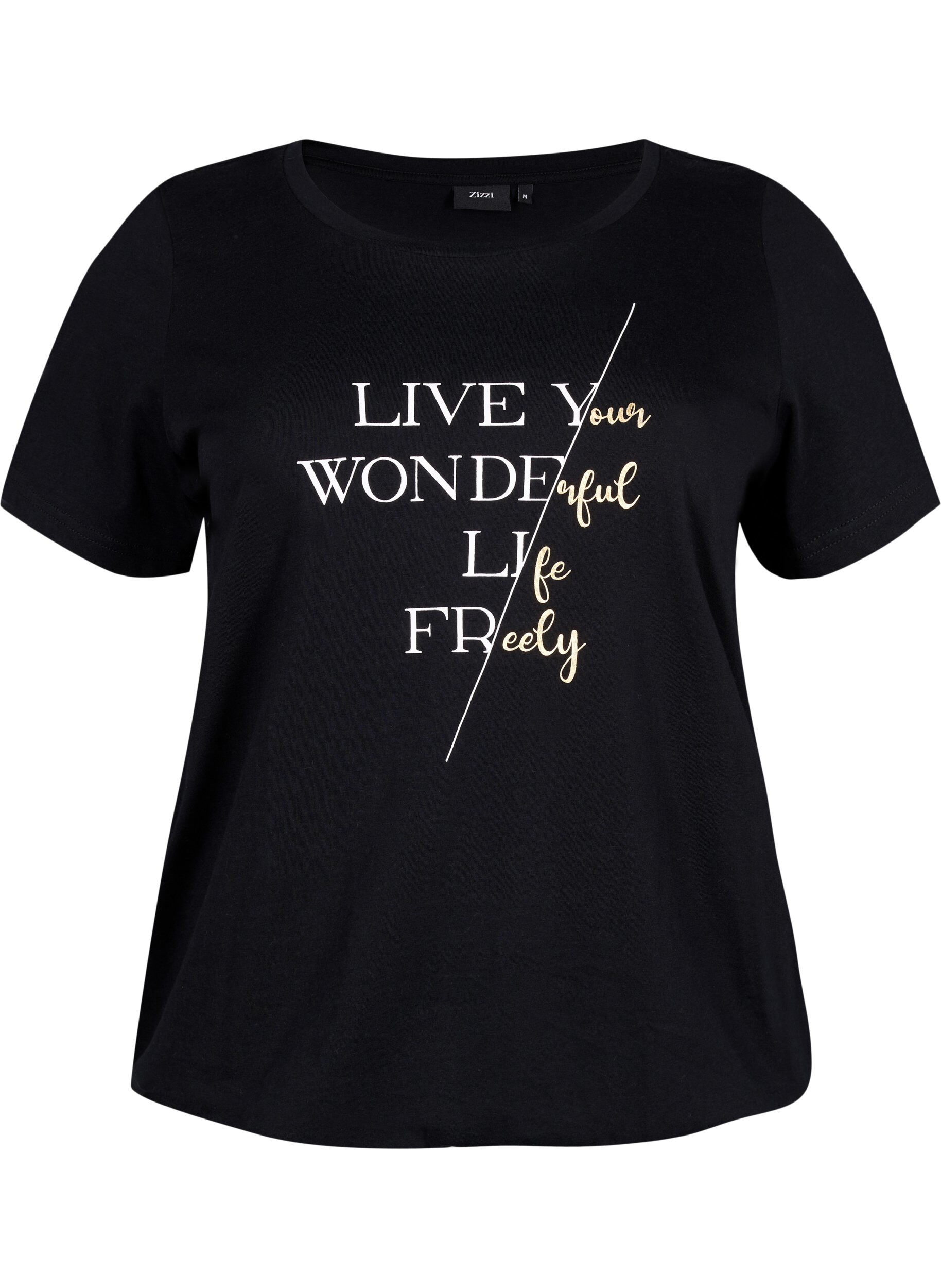 ZizziKatoenen t-shirt met korte mouwen en elastische rand, Black w. Live, Packshot image number 0