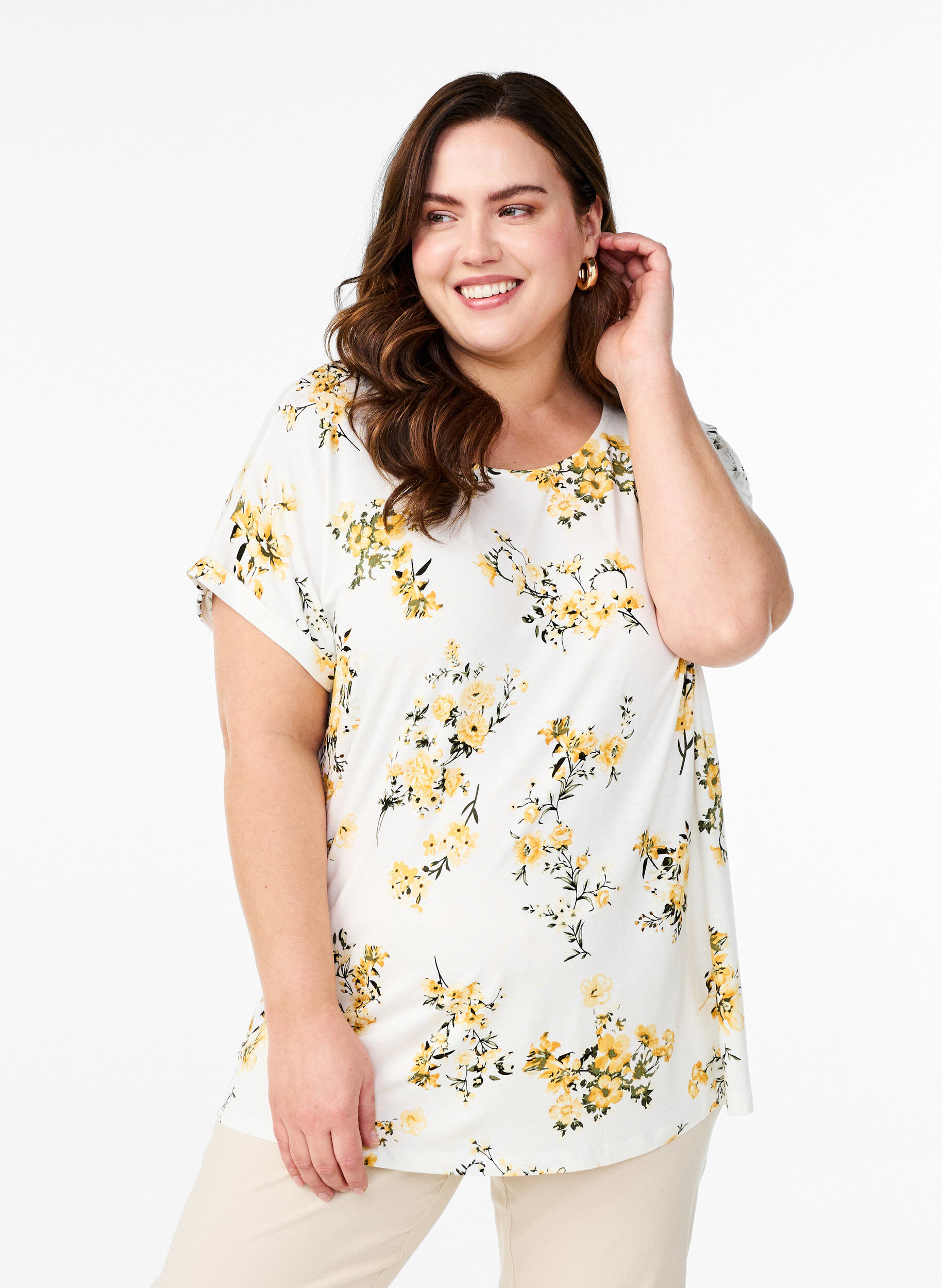 T-shirt met bloemenprint, Geel, Model