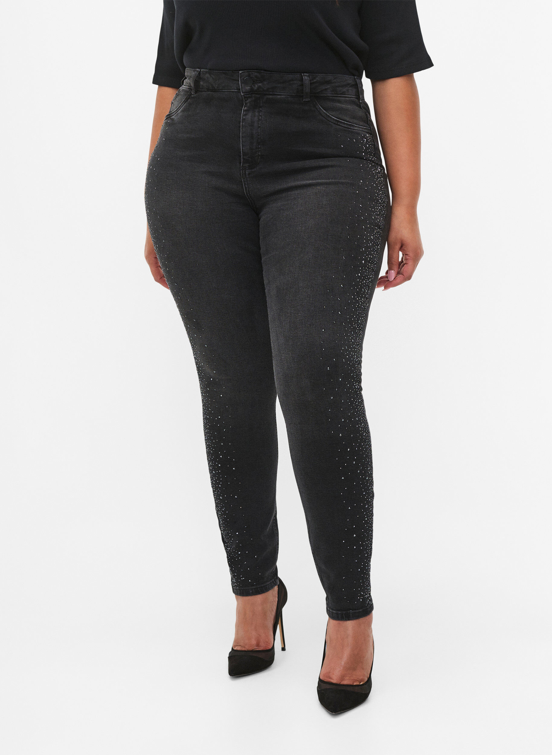 Zizzi Amy jeans met hoge taille en strassteentjes, Grey Denim, Model image number 2
