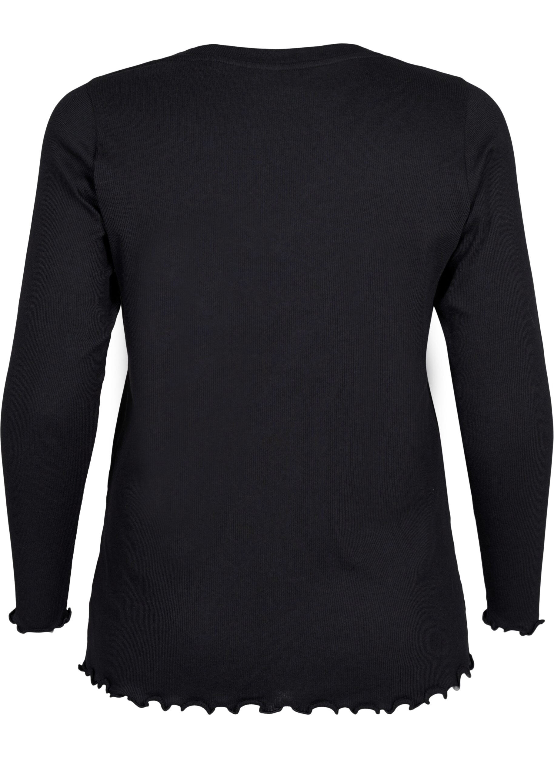 ZizziGeribde blouse met lange mouwen en een V-hals, Black, Packshot image number 1