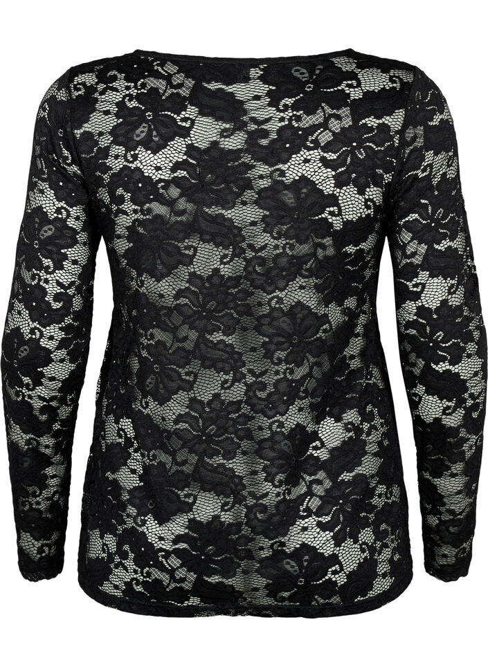Chemisier en dentelle &agrave; manches longues et col en V, Black, Packshot image number 1