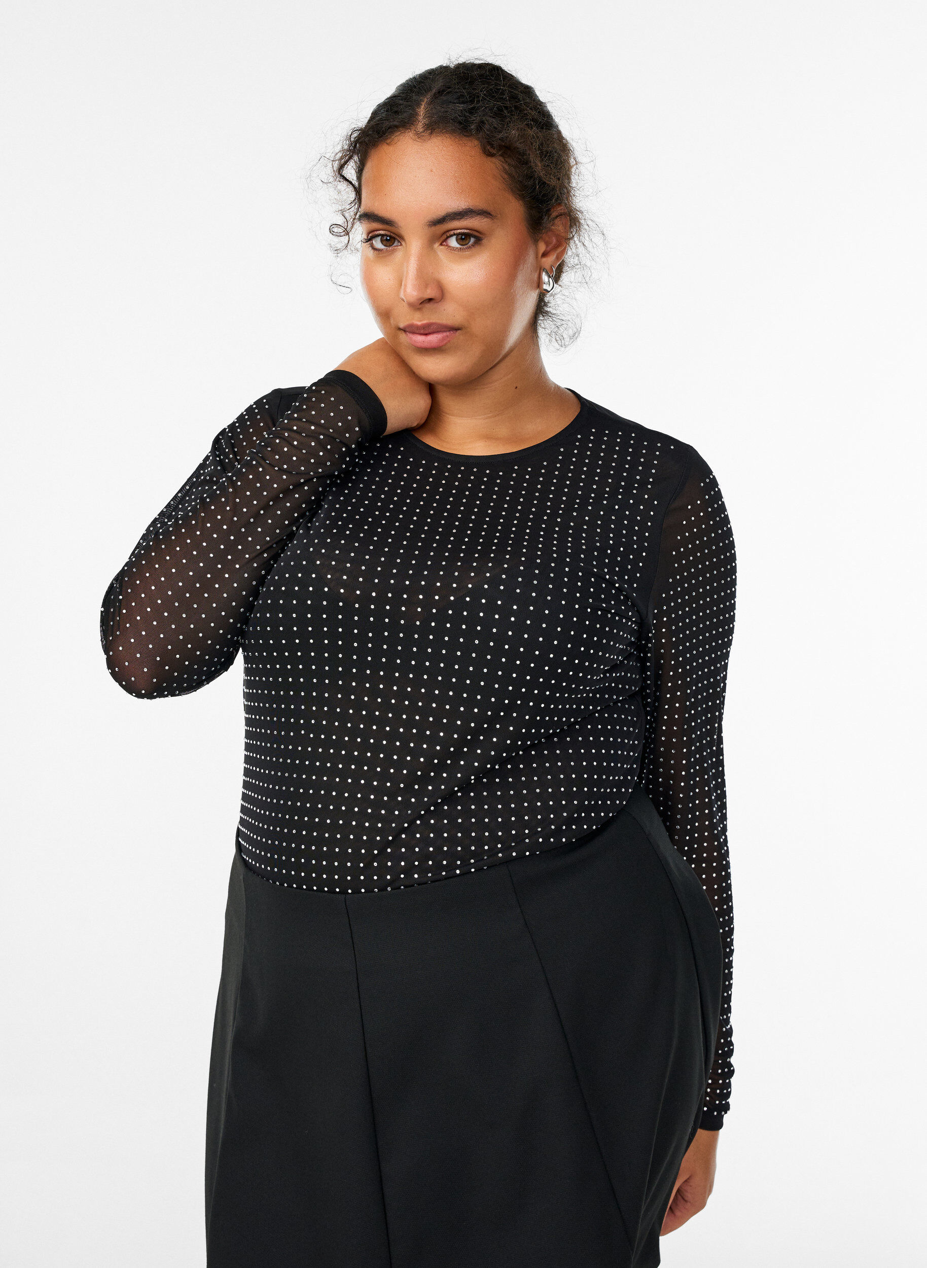 Blouse met mesh en lange mouwen met rhinestones, Zwart, Model