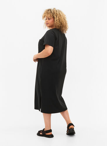 Katoenen jurk met korte mouwen en split, Black, Model image number 1
