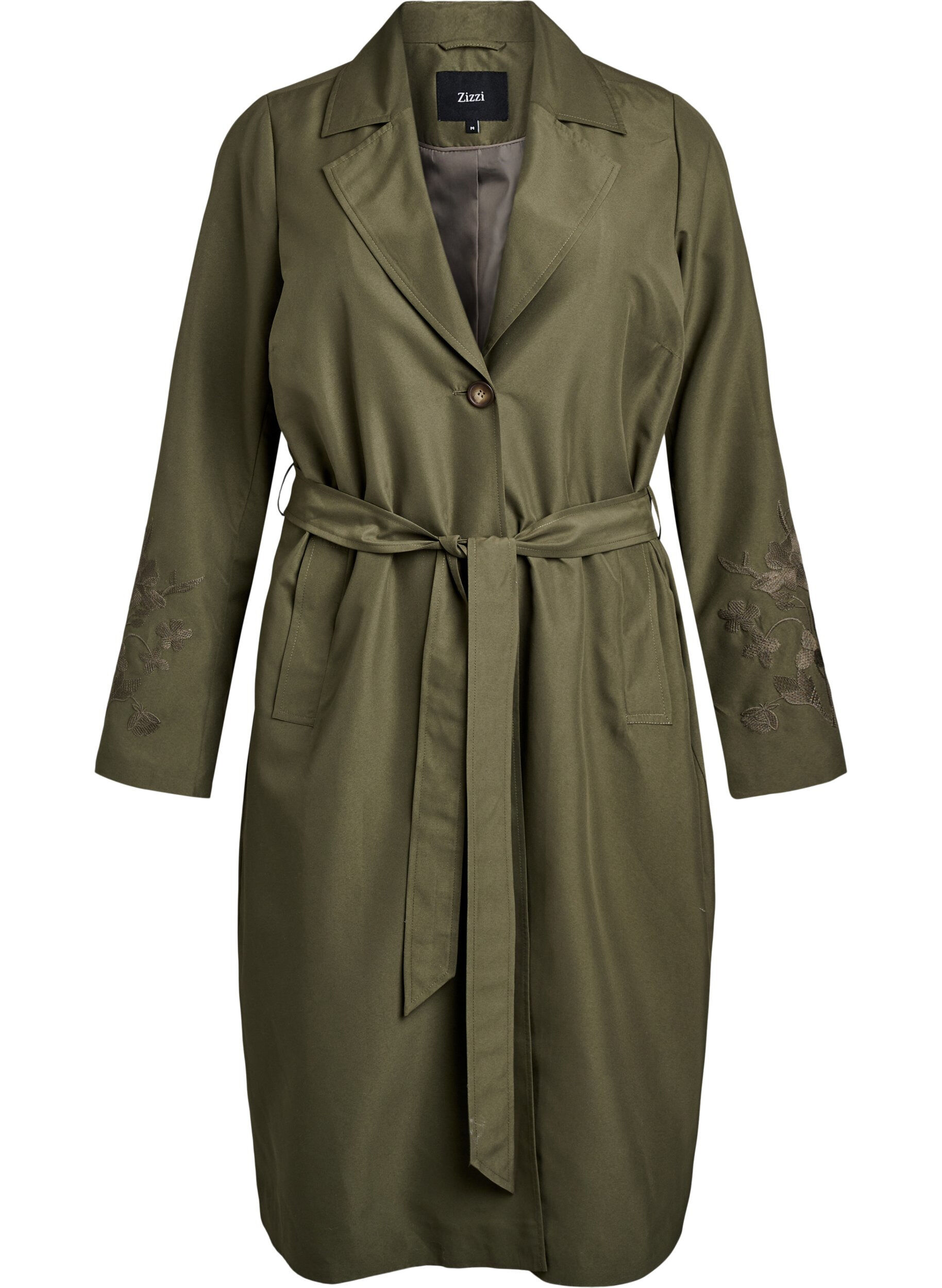 ZizziLange trenchcoat met borduursels, Groen, Packshot image number 0