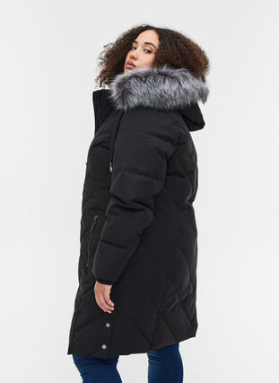 Veste d'hiver avec capuche amovible et grand col en fausse fourrure, Black, Model image number 1