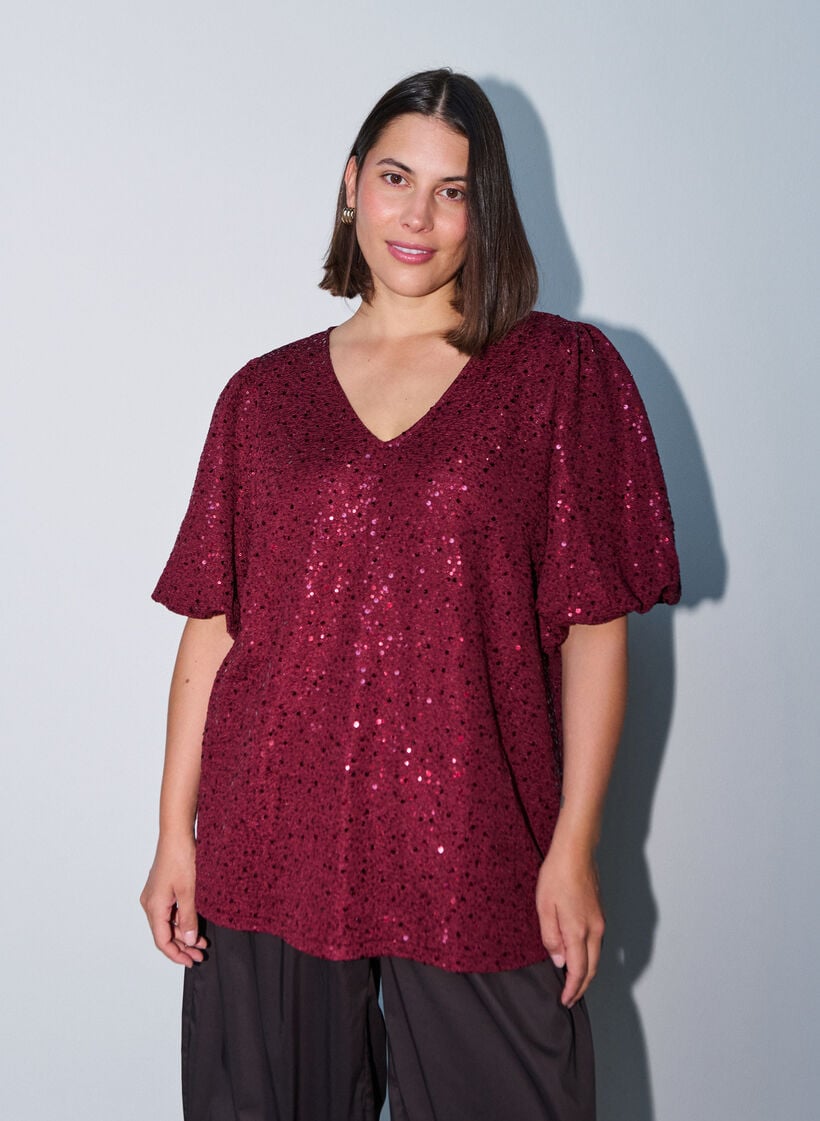 Blouse &agrave; sequins avec manches ballon, Bordeaux, Model image number 0