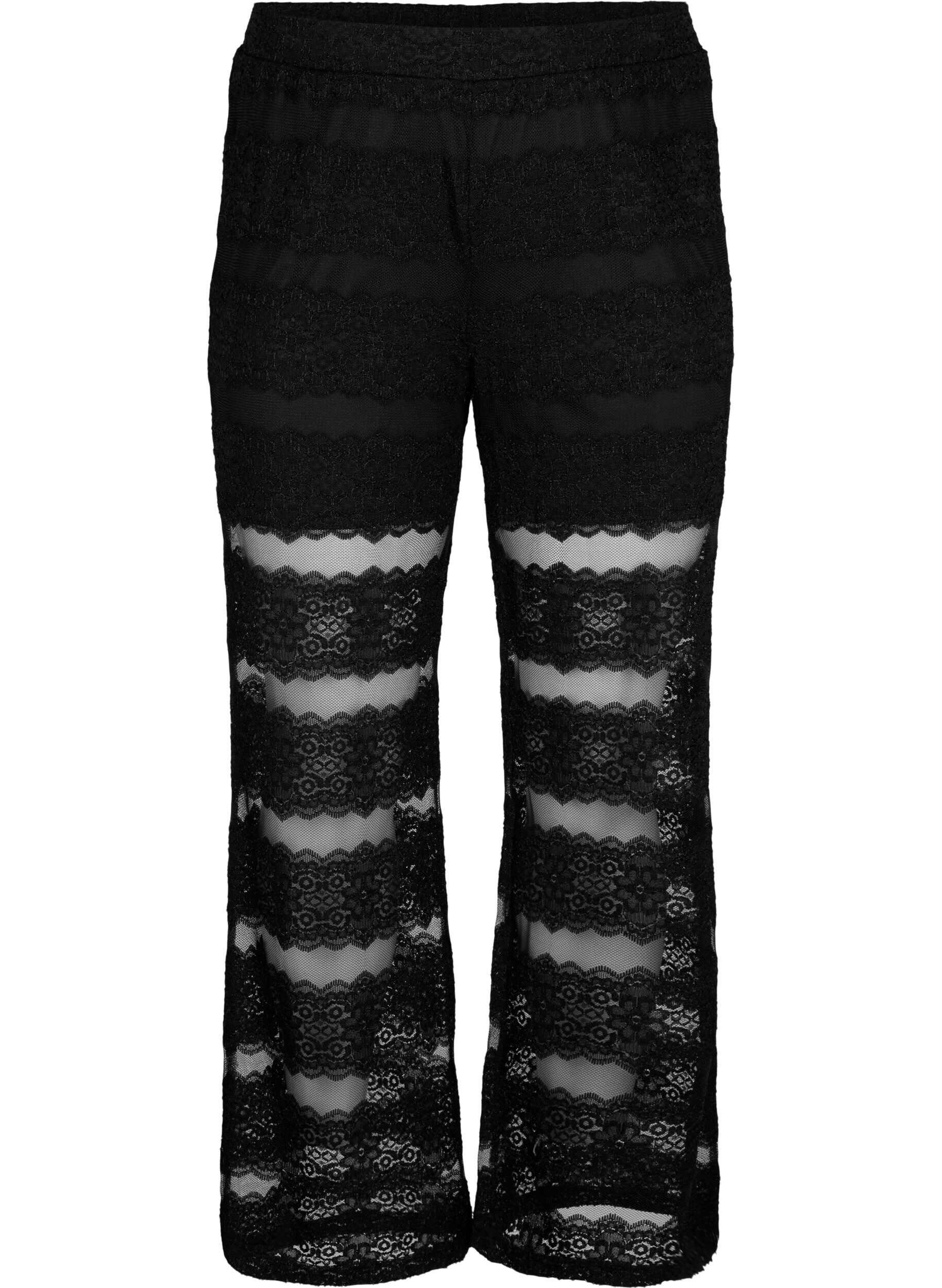 ZizziLuchtige broek met kant en doorschijnend mesh, Black, Packshot image number 0
