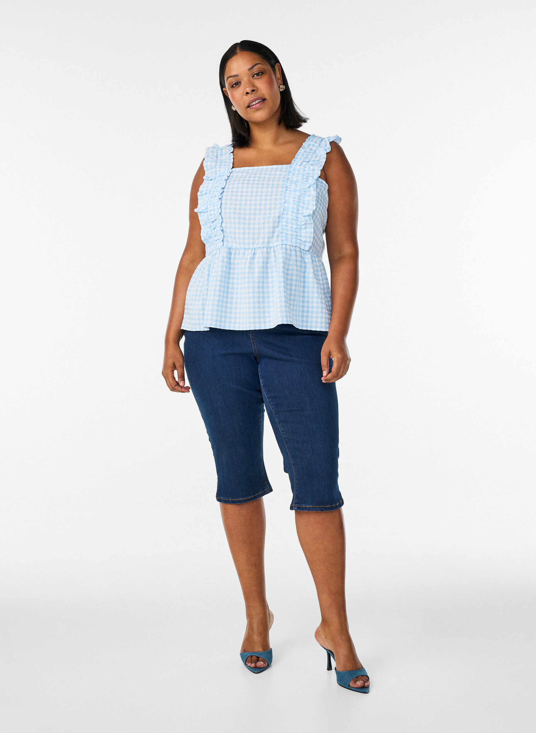 ZizziTop met ruitjes en ruchesdetails, Blauw, Model image number 1