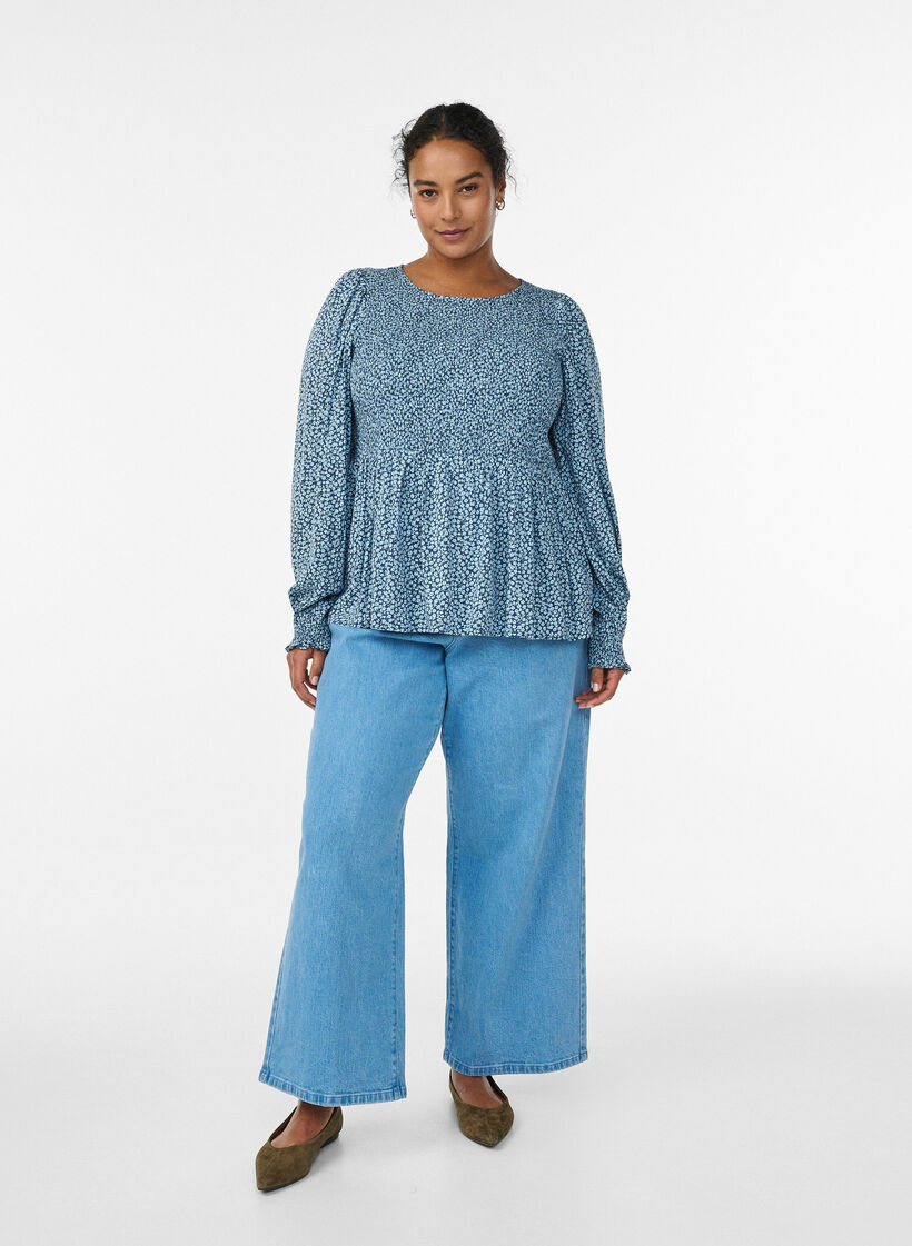 Blouse avec haut smocké et imprimé fleuri, Bleu, Model image number 1