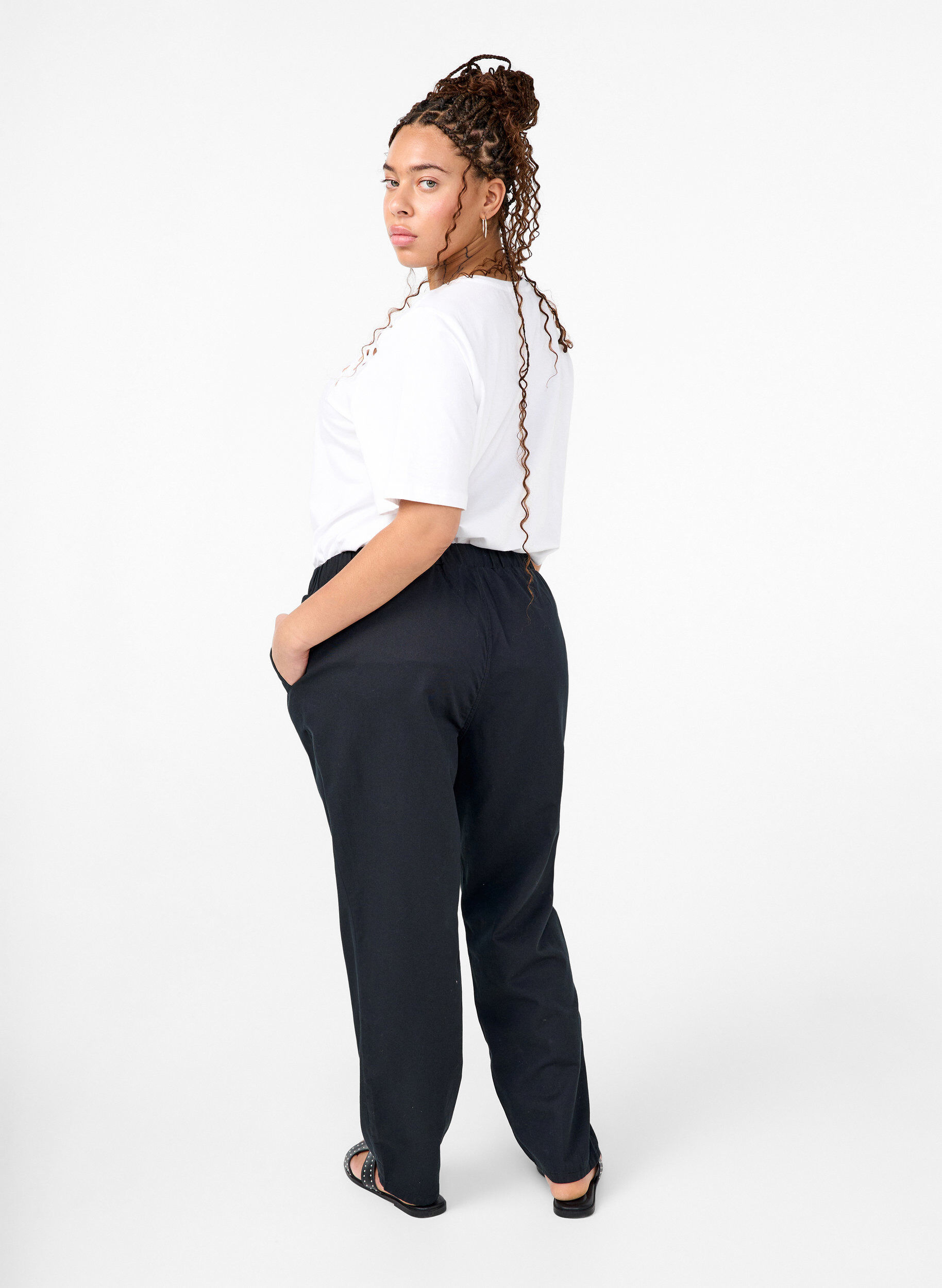 ZizziKatoen en linnen broek met zakken, Black, Model image number 1