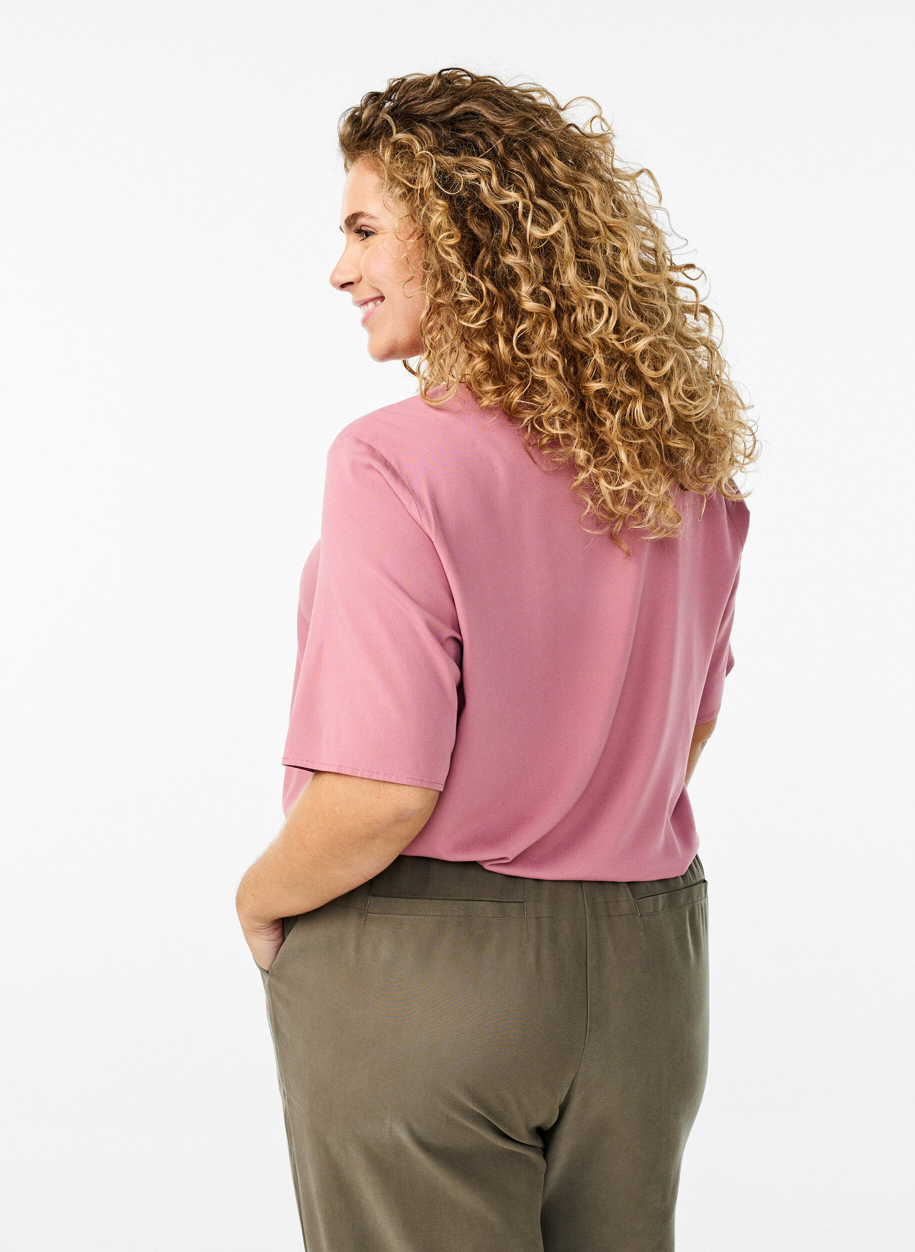 ZizziFLASH - Geweven blouse met korte mouwen en ronde hals, Roze, Model image number 2