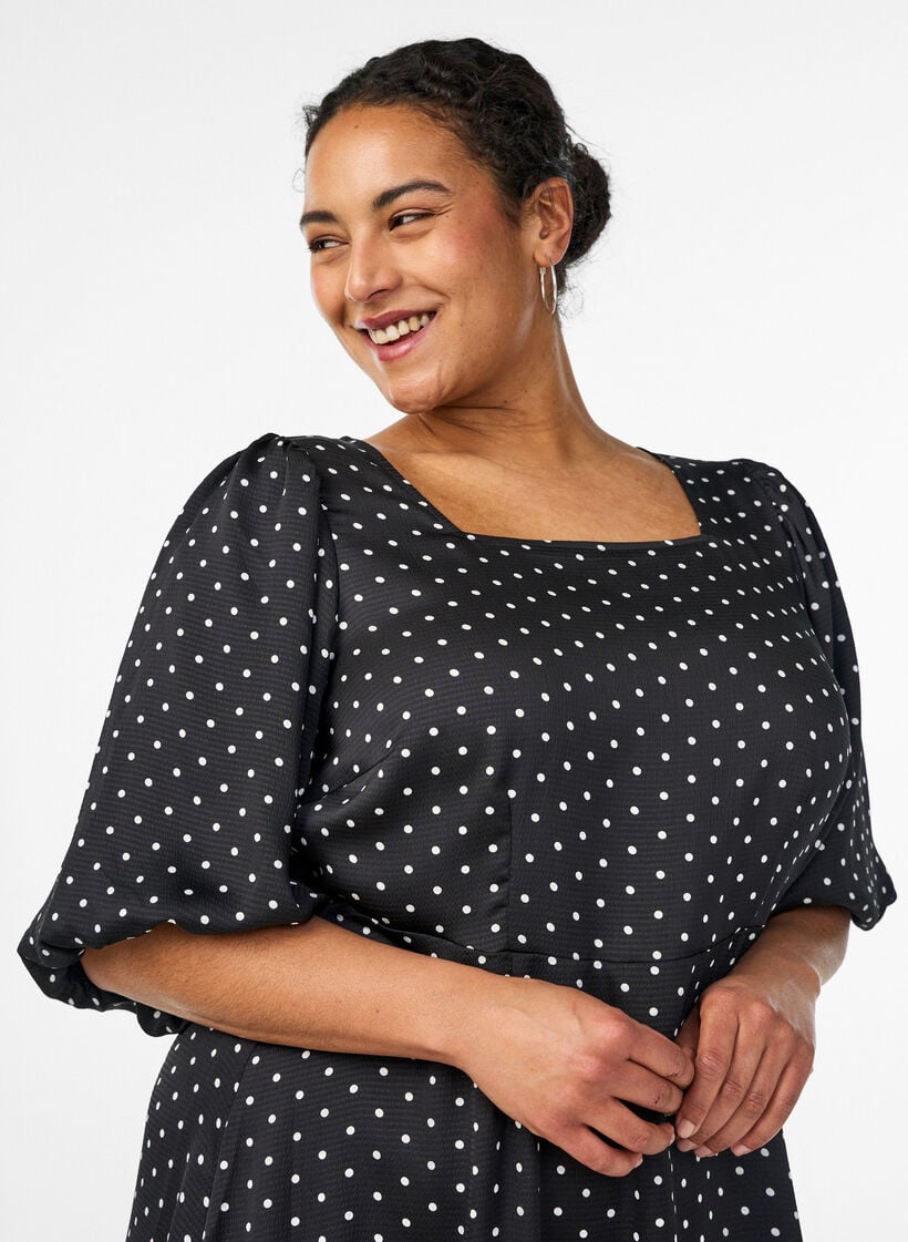 Polkadot midi-jurk met vierkante halslijn, Zwart, Model image number 2