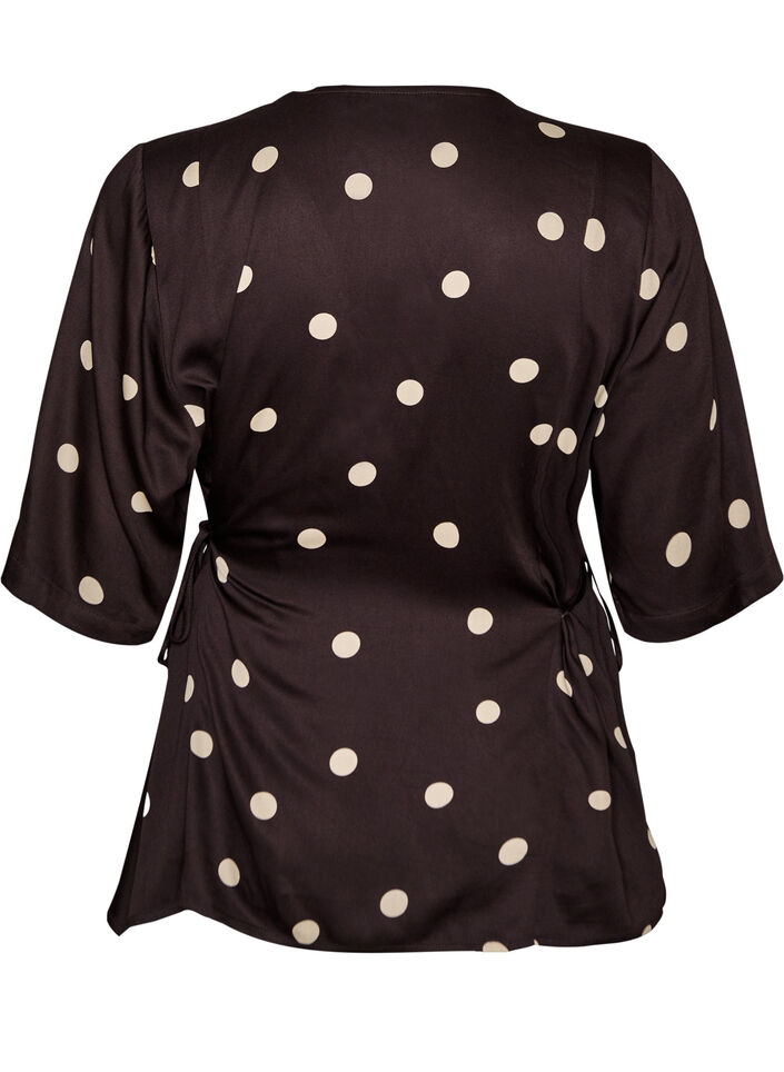 Blouse en viscose &agrave; pois avec col en V et lien &agrave; nouer, Marron, Packshot image number 1