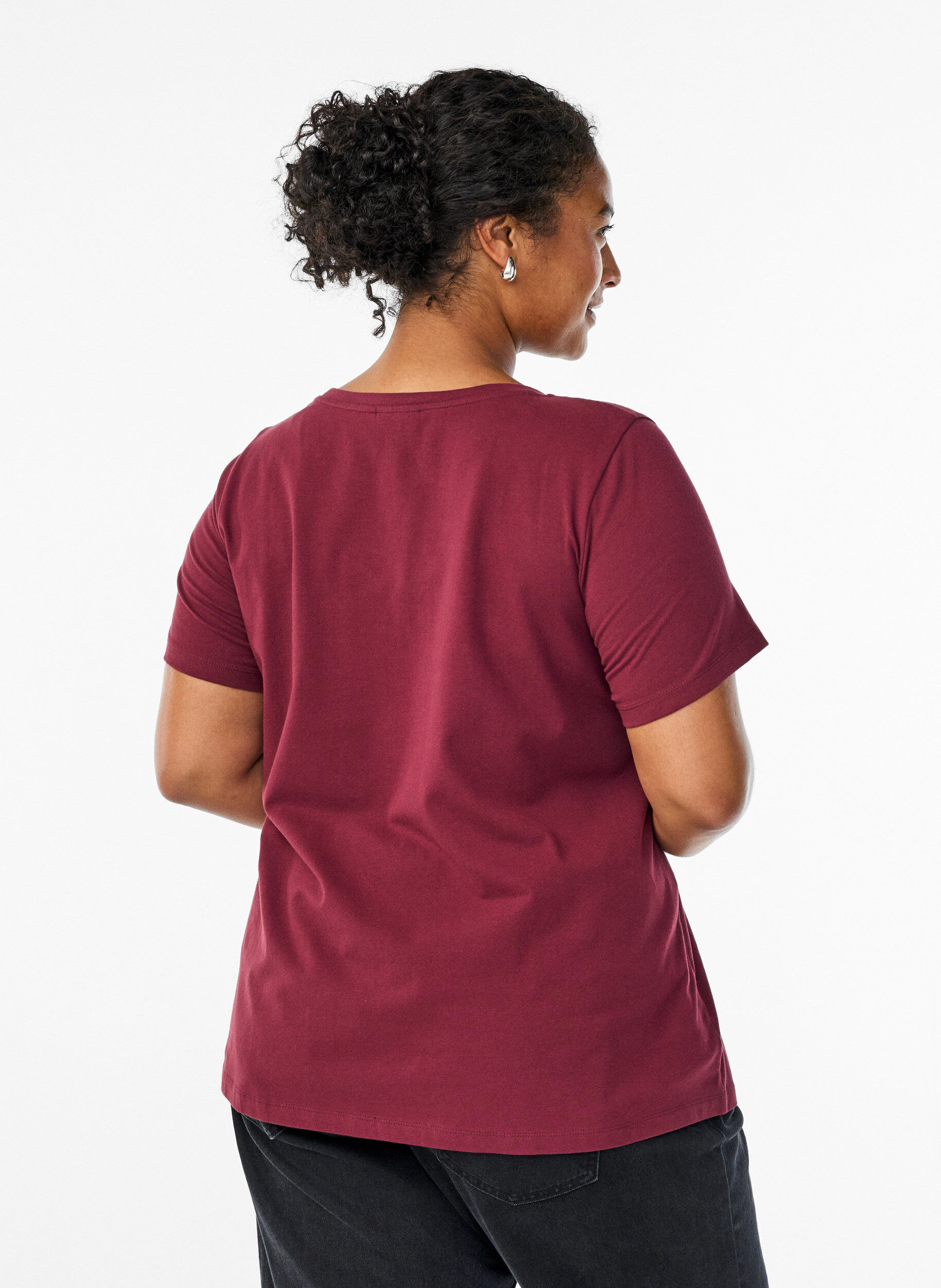 ZizziBasic effen katoenen t-shirt, Donker Bordeaux, Model image number 2