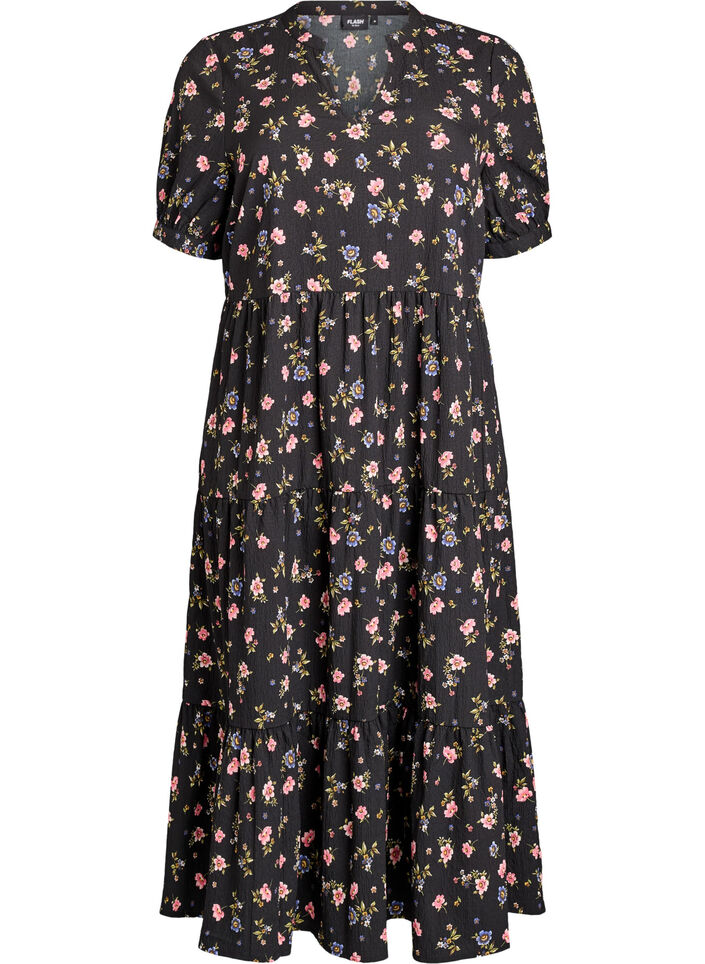 Robe longueur cheville &agrave; manches courtes avec volants &eacute;tag&eacute;s, Noir, Packshot image number 0