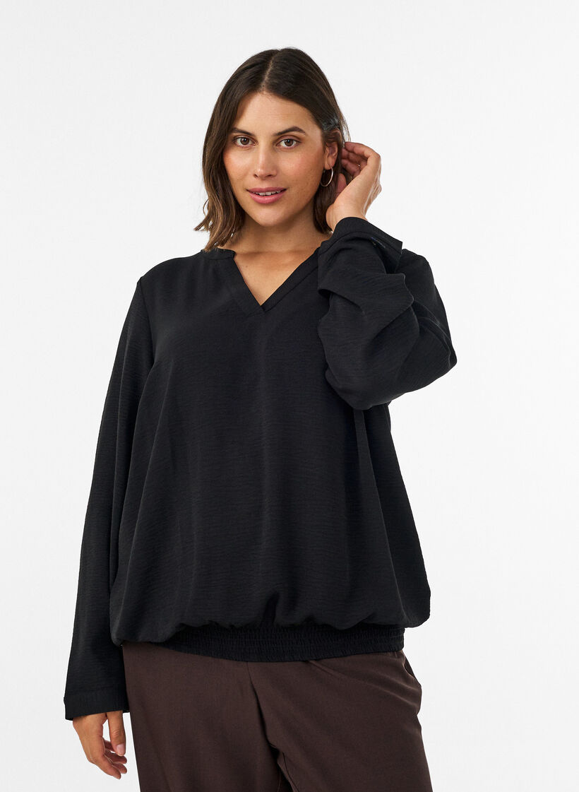Blouse met ballonsilhouet en V-hals, Zwart, Model image number 0