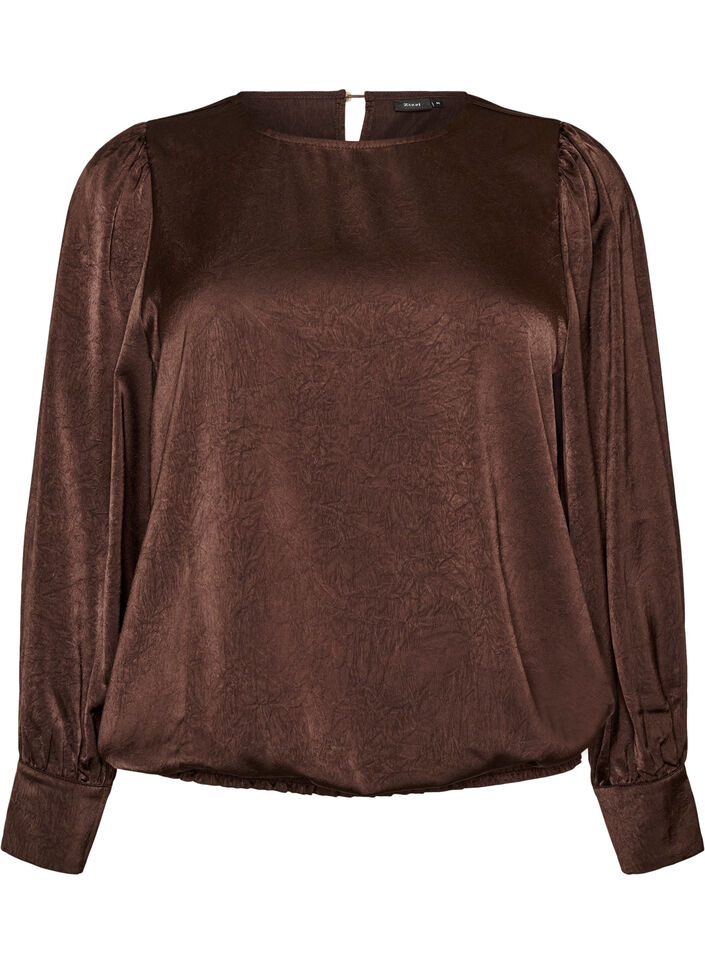 Blouse aspect satin&eacute; avec coupe ballon, Marron, Packshot image number 0