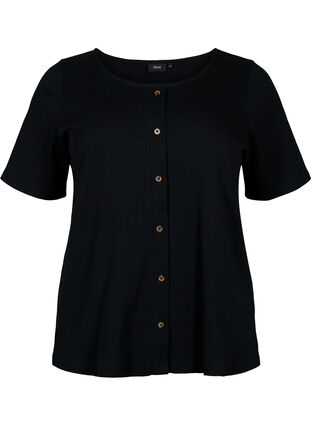 Geribd t-shirt met korte mouwen en knopen, Black, Packshot image number 0