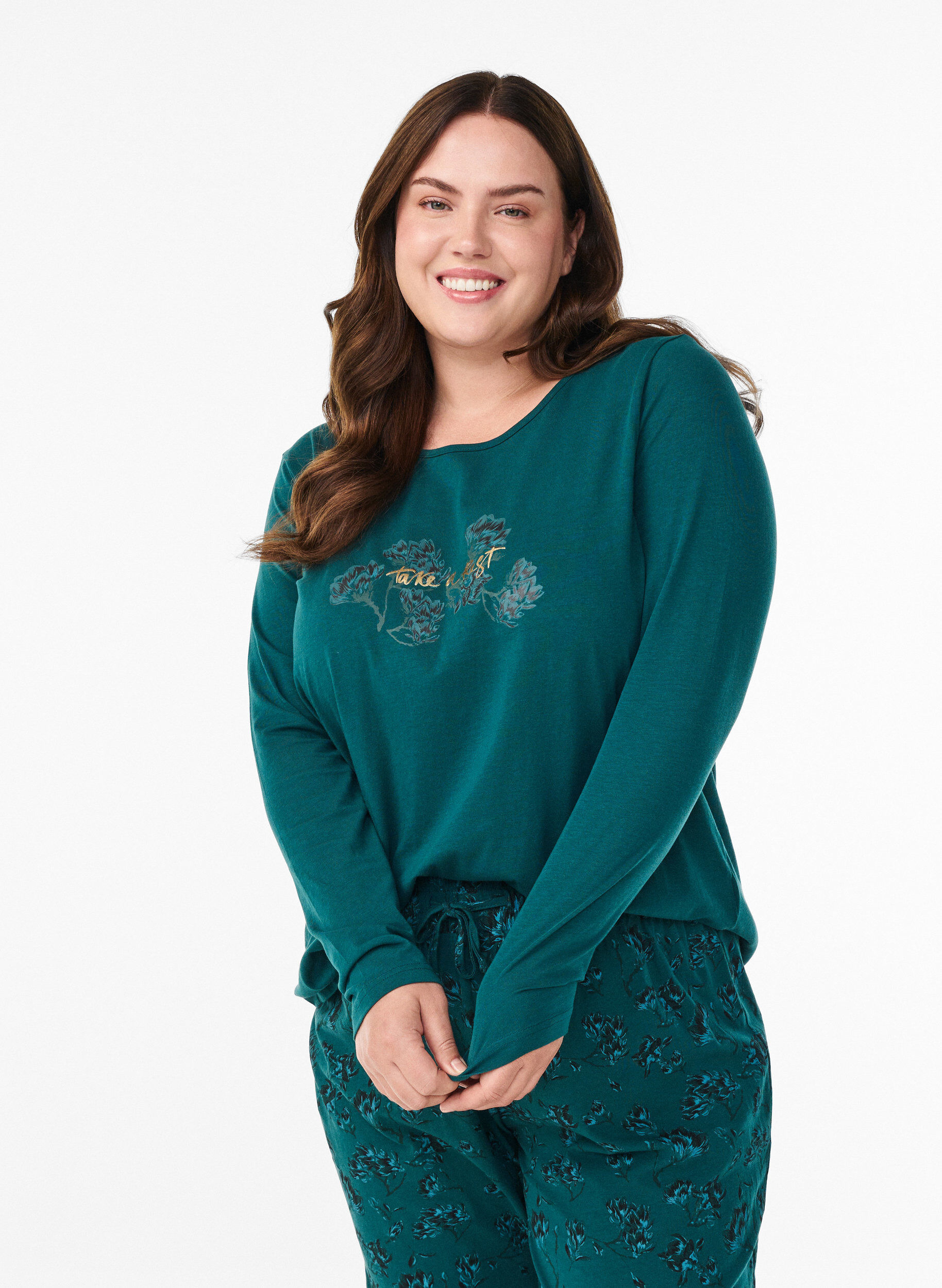 Nacht top in katoen met print aan de voorkant, Turquoise, Model