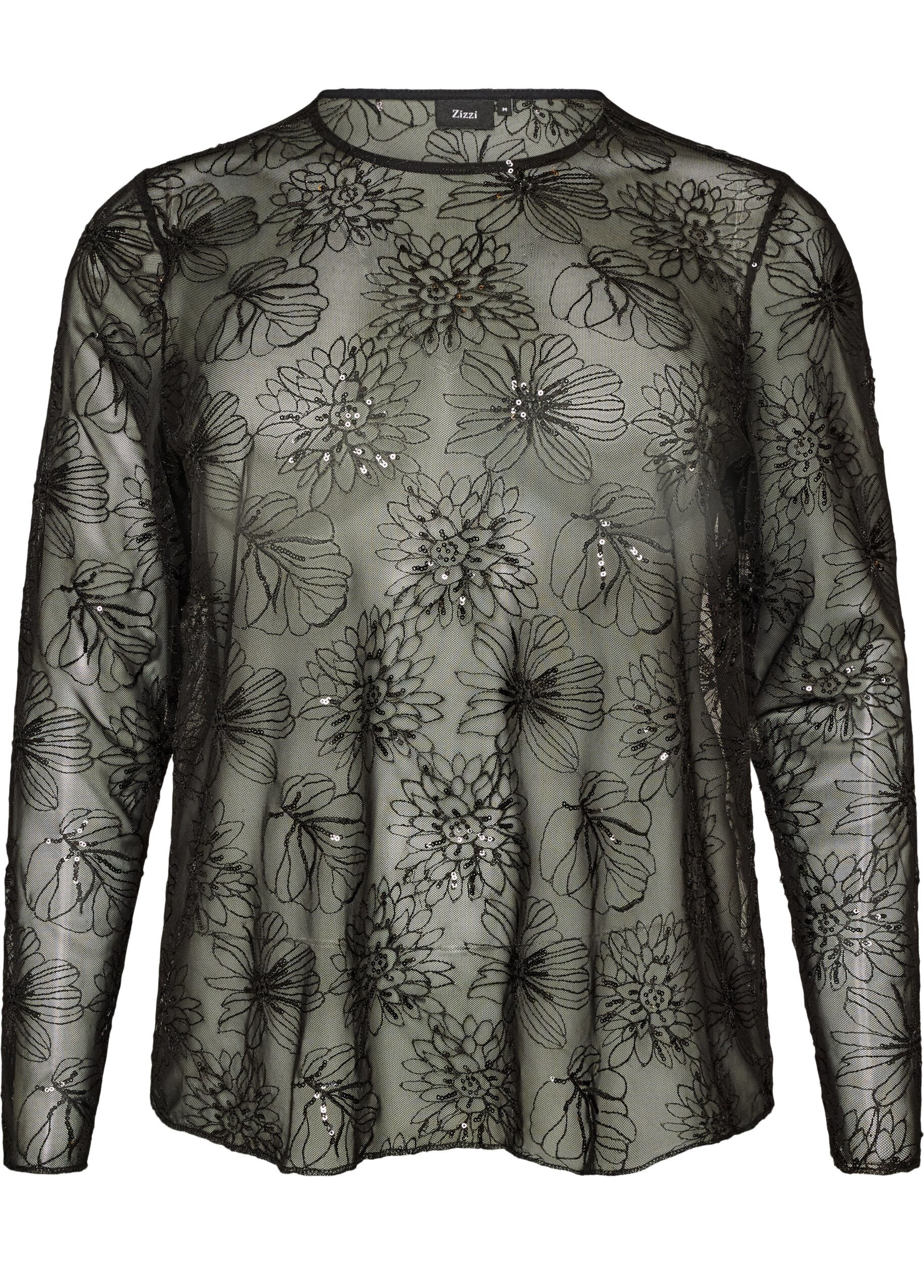 ZizziBlouse en mesh avec fleurs et sequins, Noir, Packshot image number 0