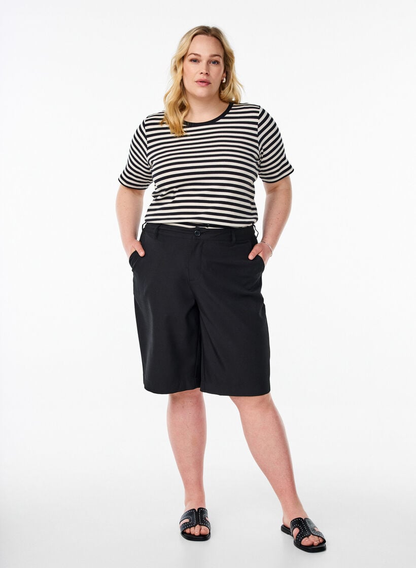 Gestreept T-shirt met geribbelde textuur, Zwart, Model image number 1