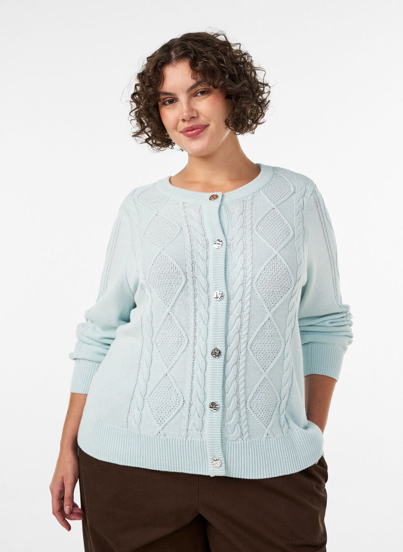Kabelgebreide cardigan met decoratieve knopen, Blauw, Model image number 0