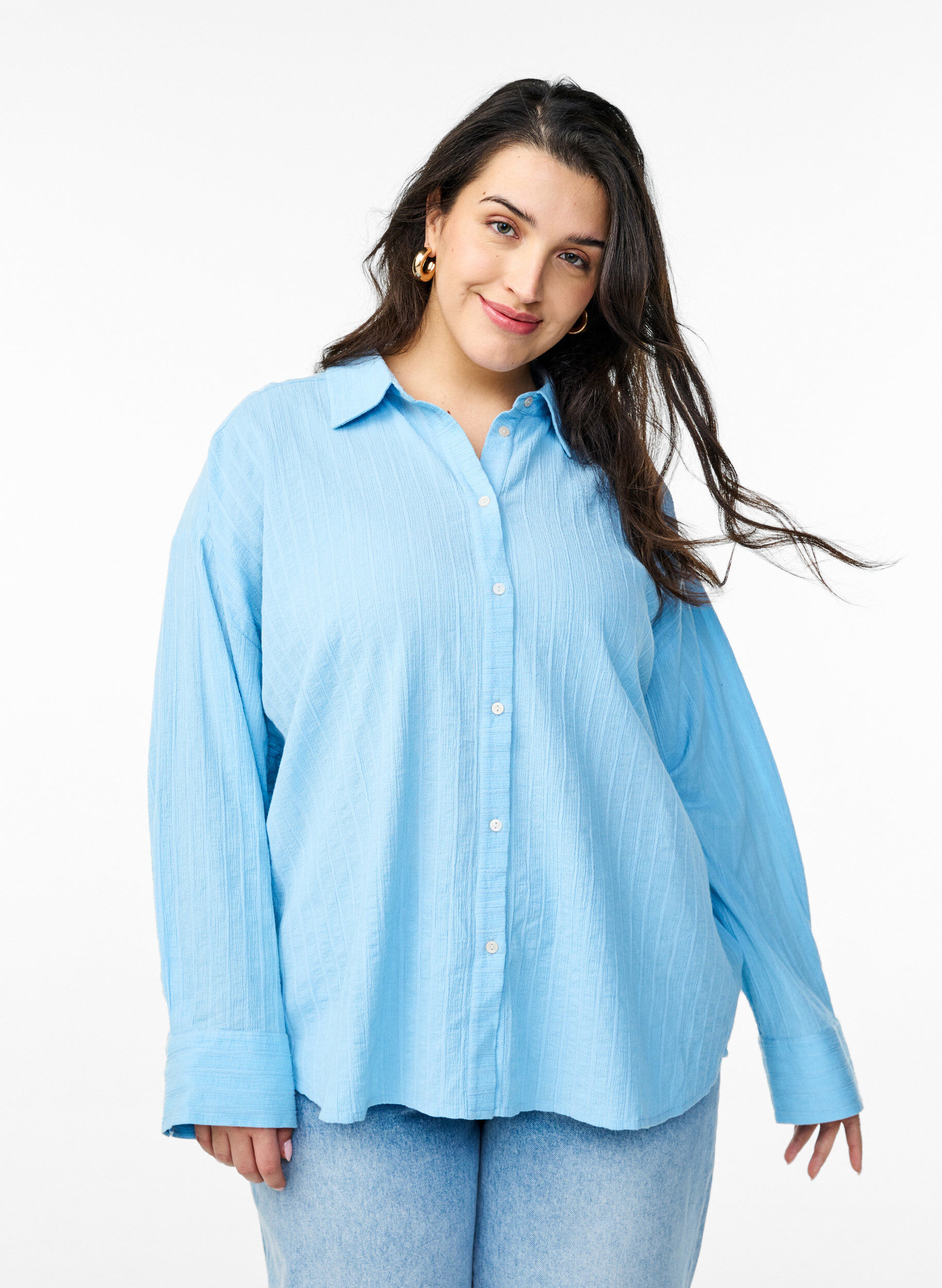 Losse shirt met gestreepte textuur en glitterdraad, Blauw, Model