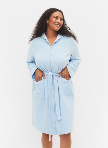 Robe de chambre avec fermeture éclair et capuche, Cashmere Blue, Model image number 0