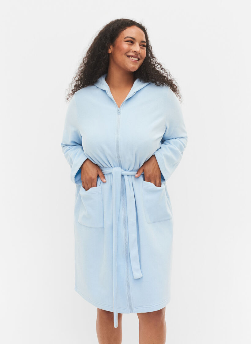 Robe de chambre avec fermeture éclair et capuche, Cashmere Blue, Model