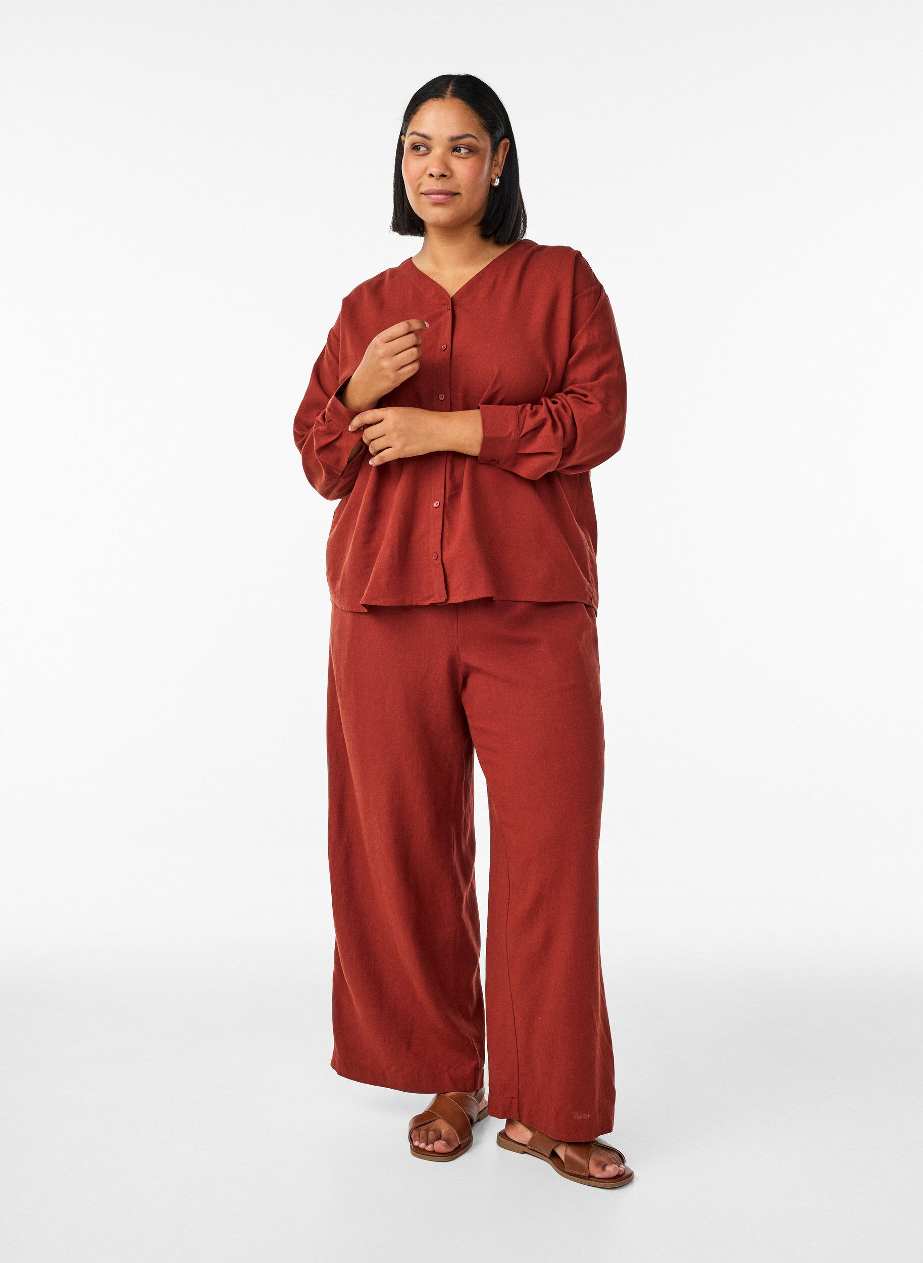 Wijde linnen en viscose broek, Rood, Model