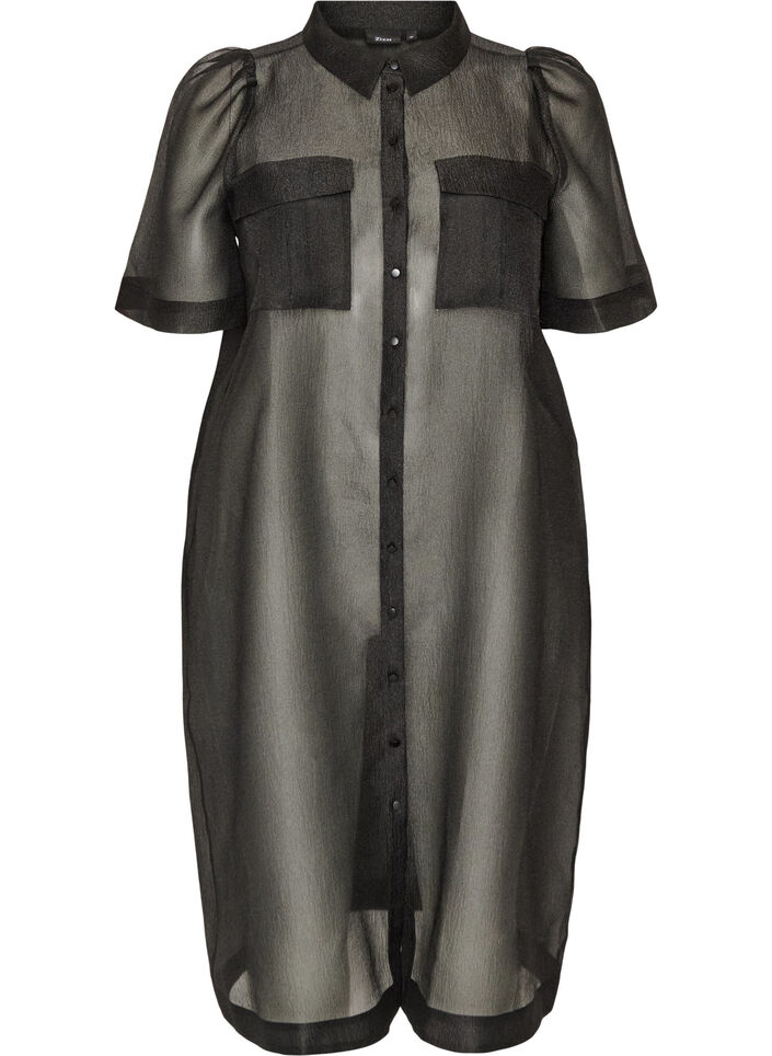 Robe en organza avec poches poitrine et manches bouffantes, Noir, Packshot image number 0